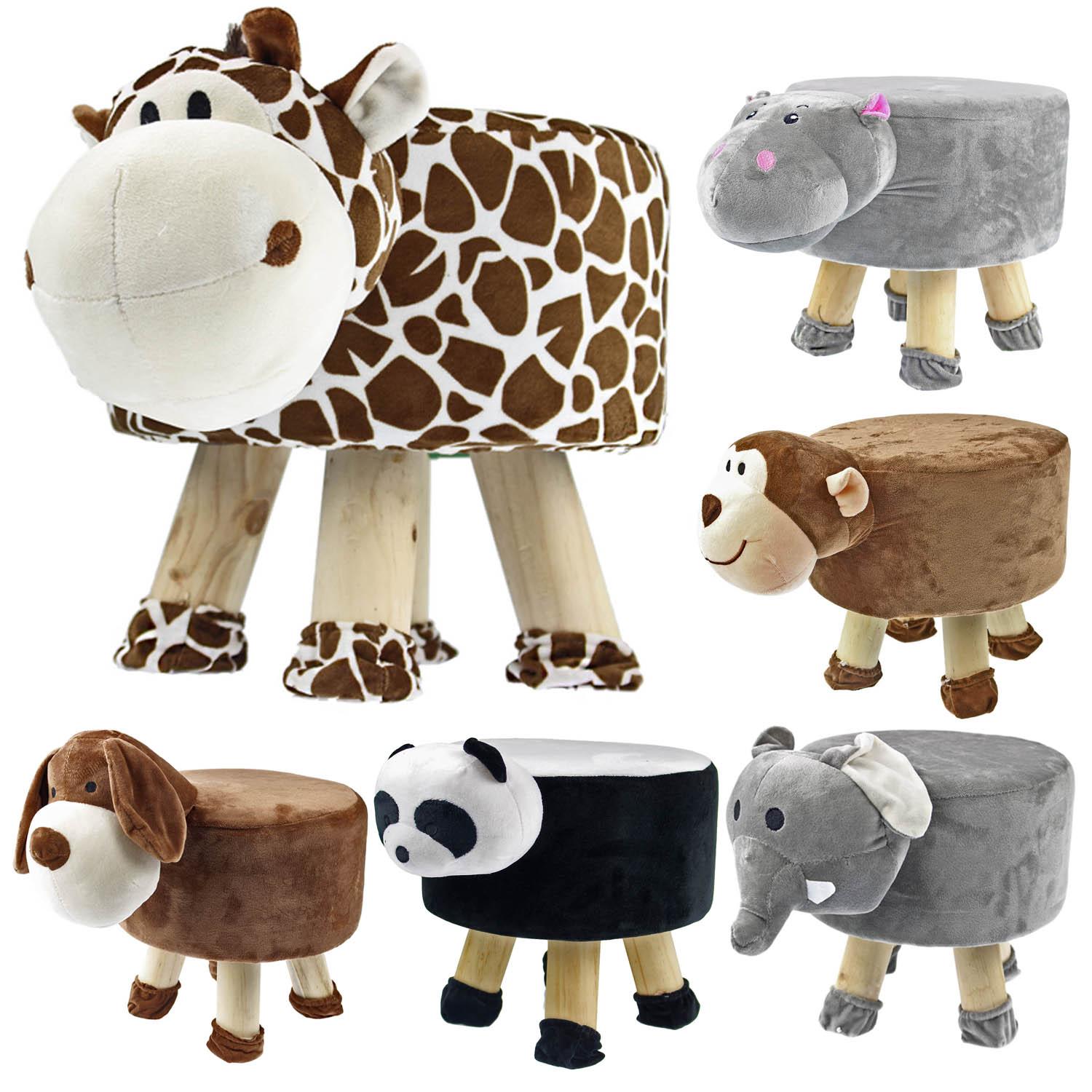 Plush Animal Pouffe Kids Wooden Footstool Cushion Seat Foot Stool Round